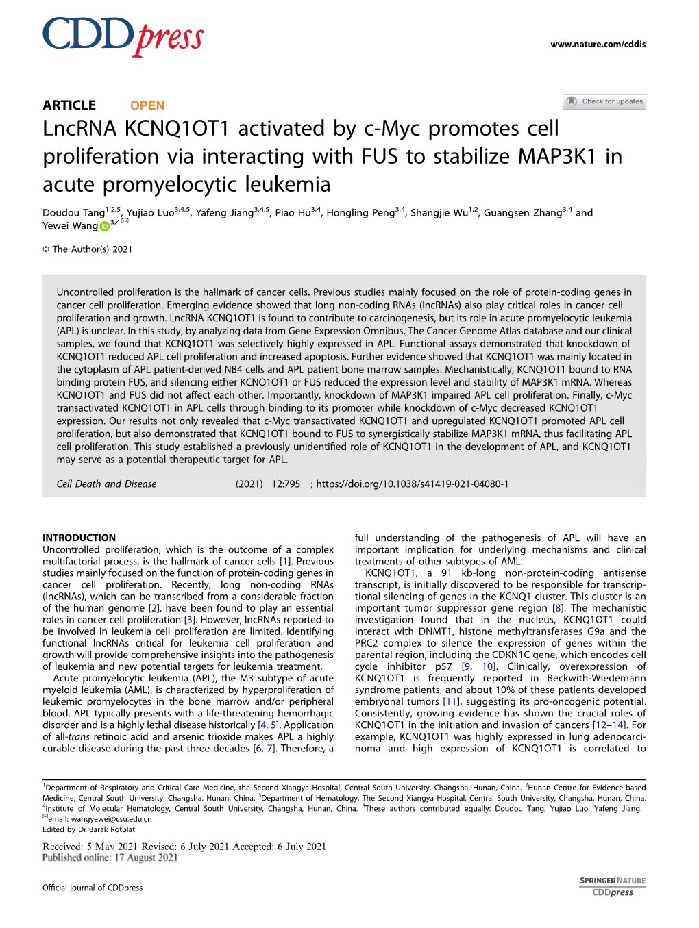 Lncrna KCNQ1OT1 Activated by C-Myc Promotes Cell Proliferation Via Interacting with FUS to Stabilize MAP3K1 in Acute Promyelocytic Leukemia