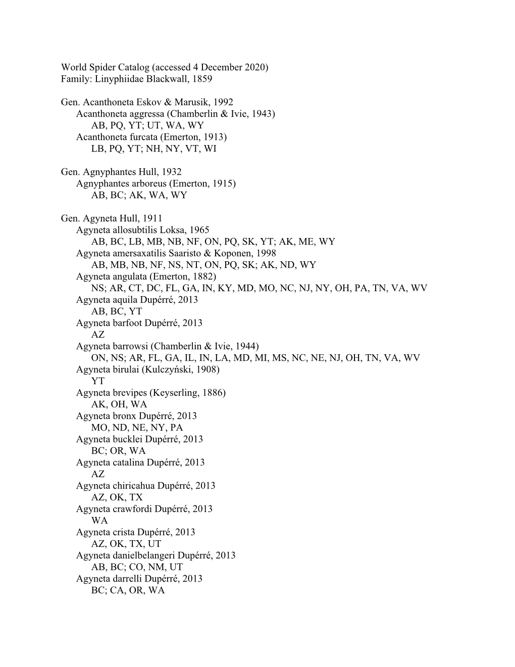 World Spider Catalog (Accessed 4 December 2020) Family: Linyphiidae Blackwall, 1859 Gen. Acanthoneta Eskov & Marusik, 1992 A