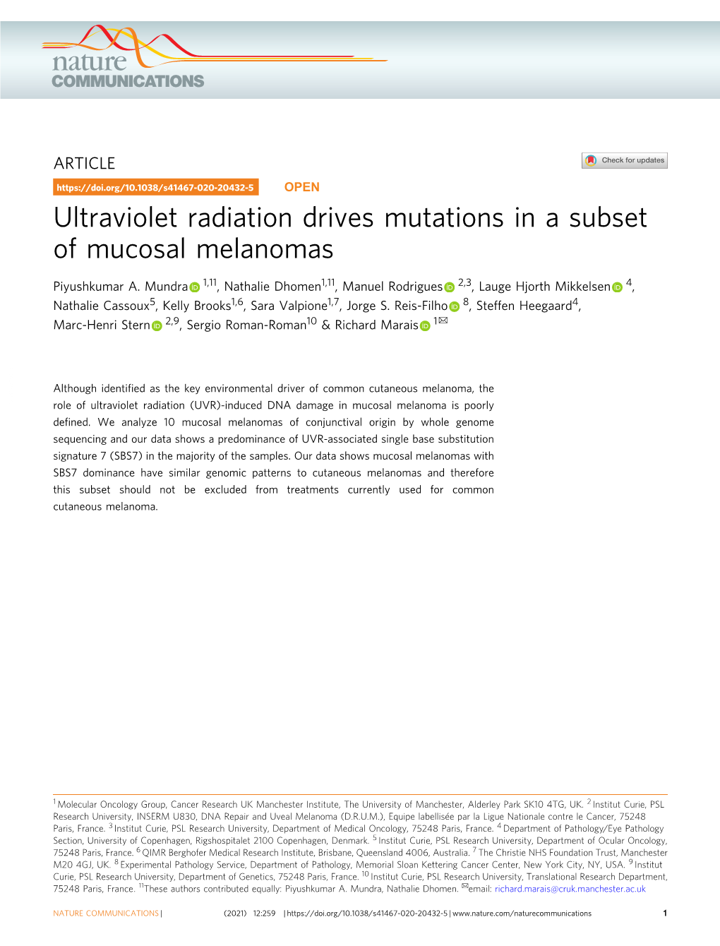 Ultraviolet Radiation Drives Mutations in a Subset of Mucosal Melanomas