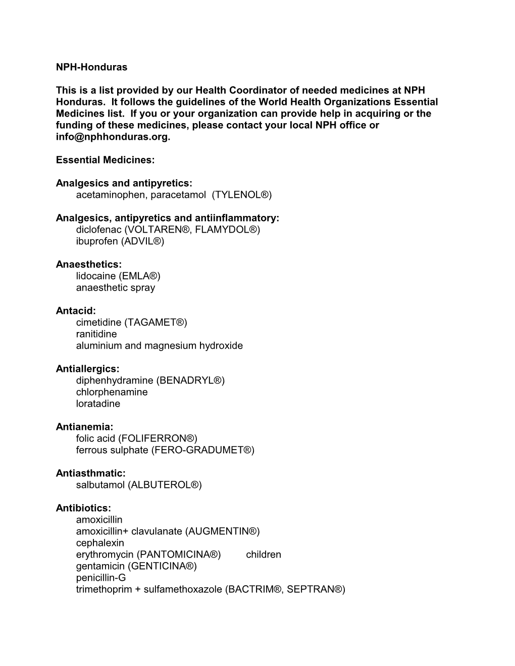 This Is a List Provided by Our Health Coordinator of Needed Medicines at NPH Honduras