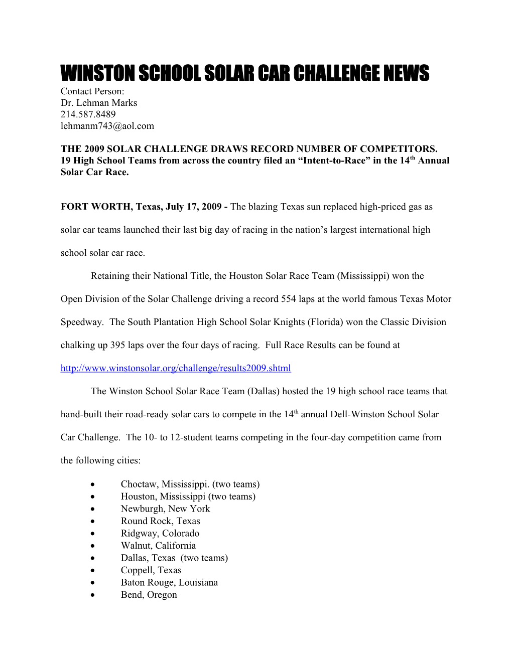 Winstonschool Solar Car Challenge News