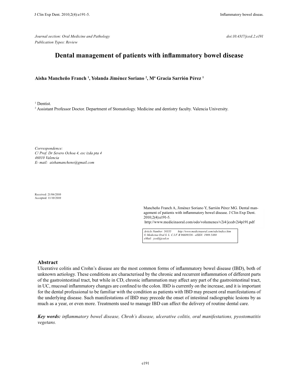 Dental Management of Patients with Inflammatory Bowel Disease