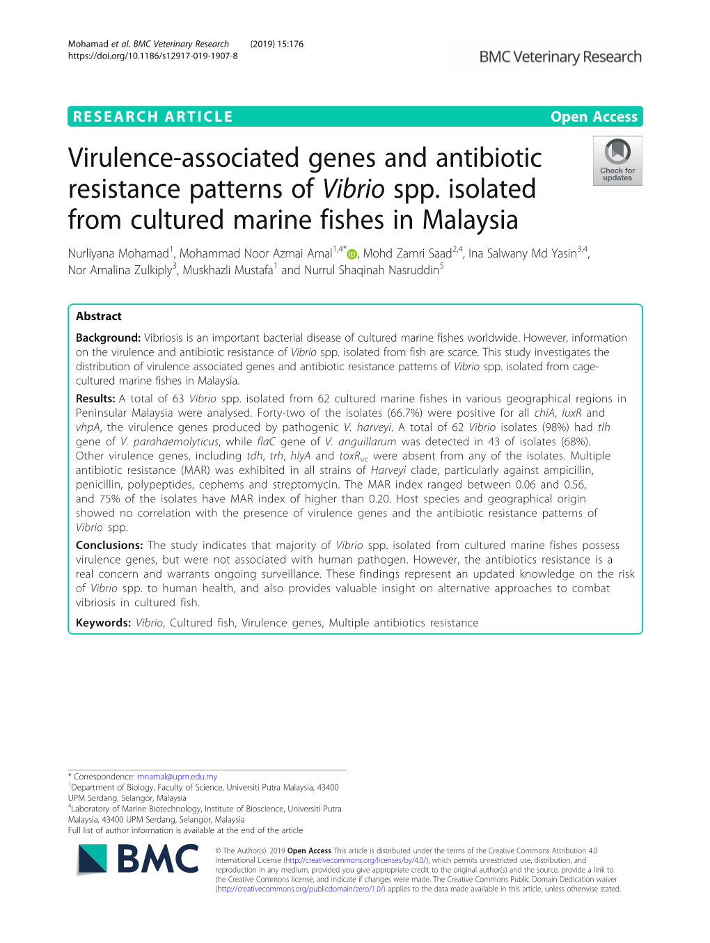 Virulence-Associated Genes and Antibiotic Resistance Patterns of Vibrio Spp