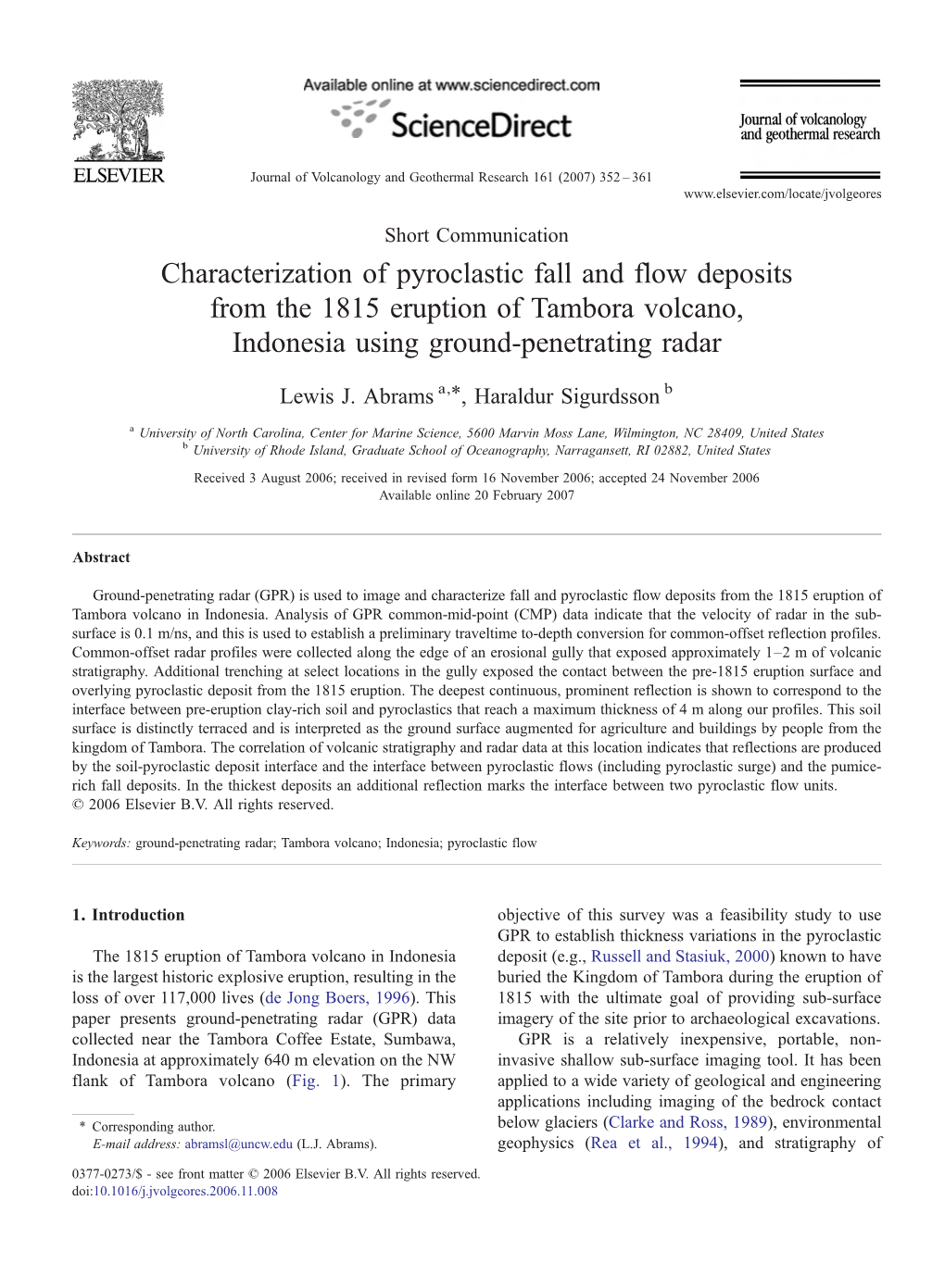 Characterization of Pyroclastic Fall and Flow Deposits from the 1815 Eruption of Tambora Volcano, Indonesia Using Ground-Penetrating Radar ⁎ Lewis J