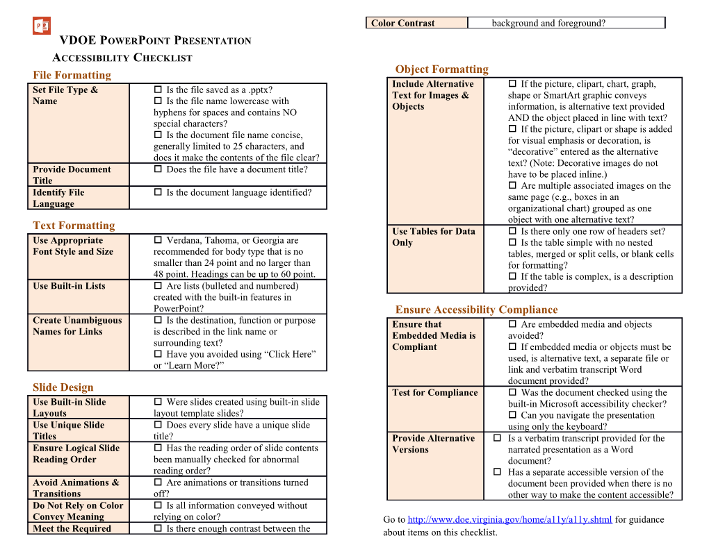 VDOE Powerpoint Presentation Accessibility Checklist