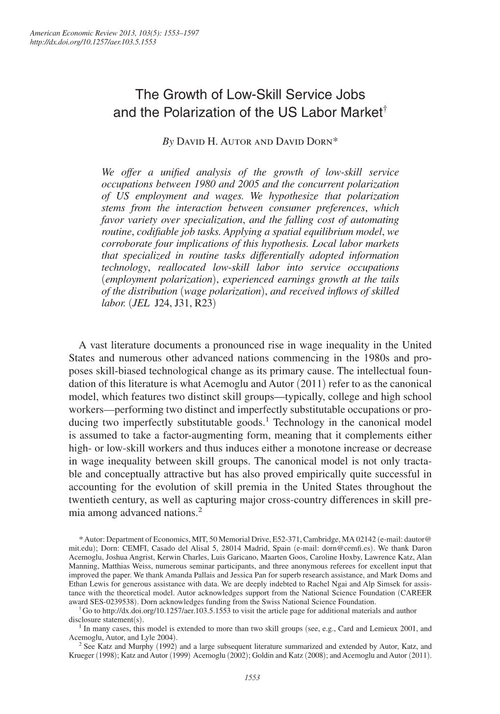 The Growth of Low-Skill Service Jobs and the Polarization of the US Labor Market†