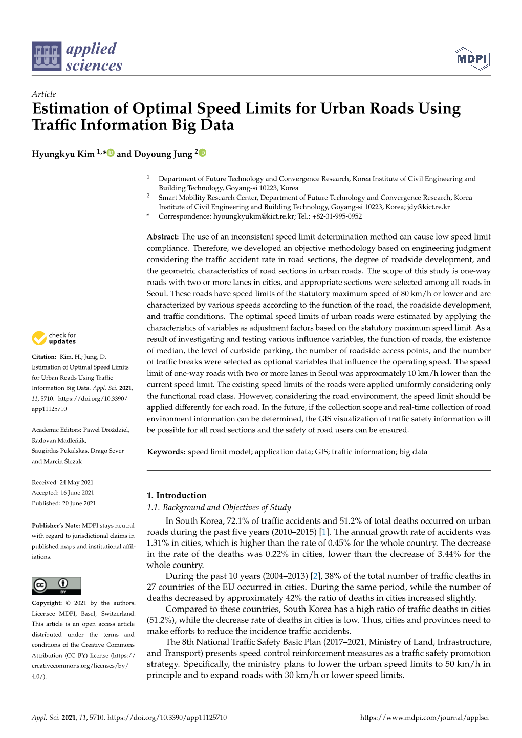 Estimation of Optimal Speed Limits for Urban Roads Using Traffic
