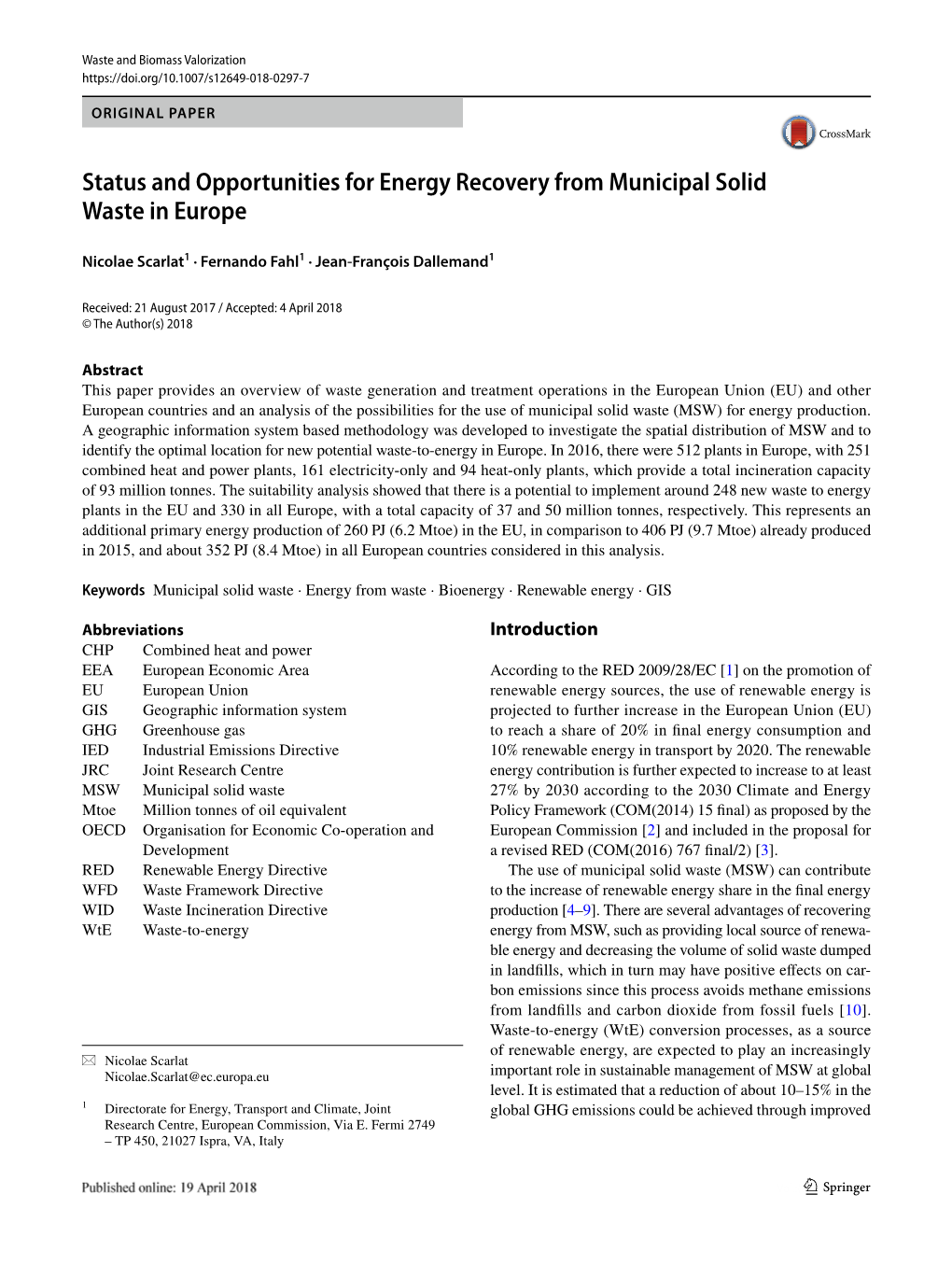 Status and Opportunities for Energy Recovery from Municipal Solid Waste in Europe