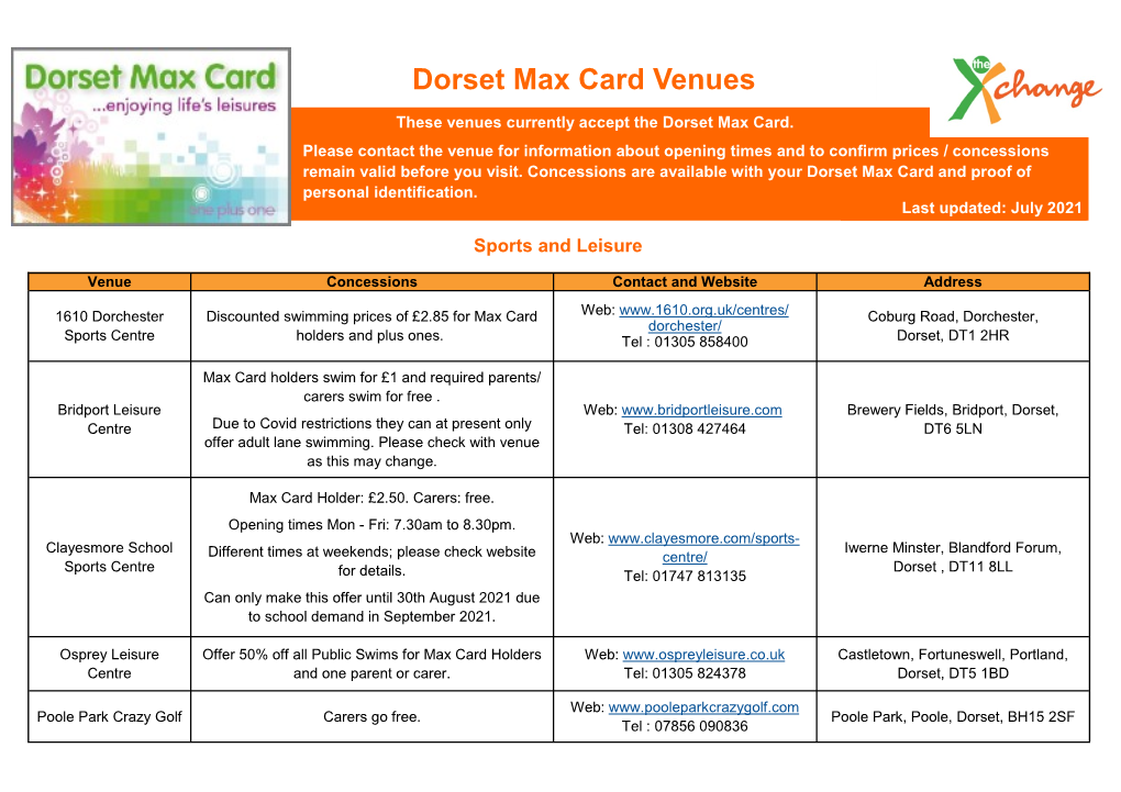 Dorset Max Card Venues