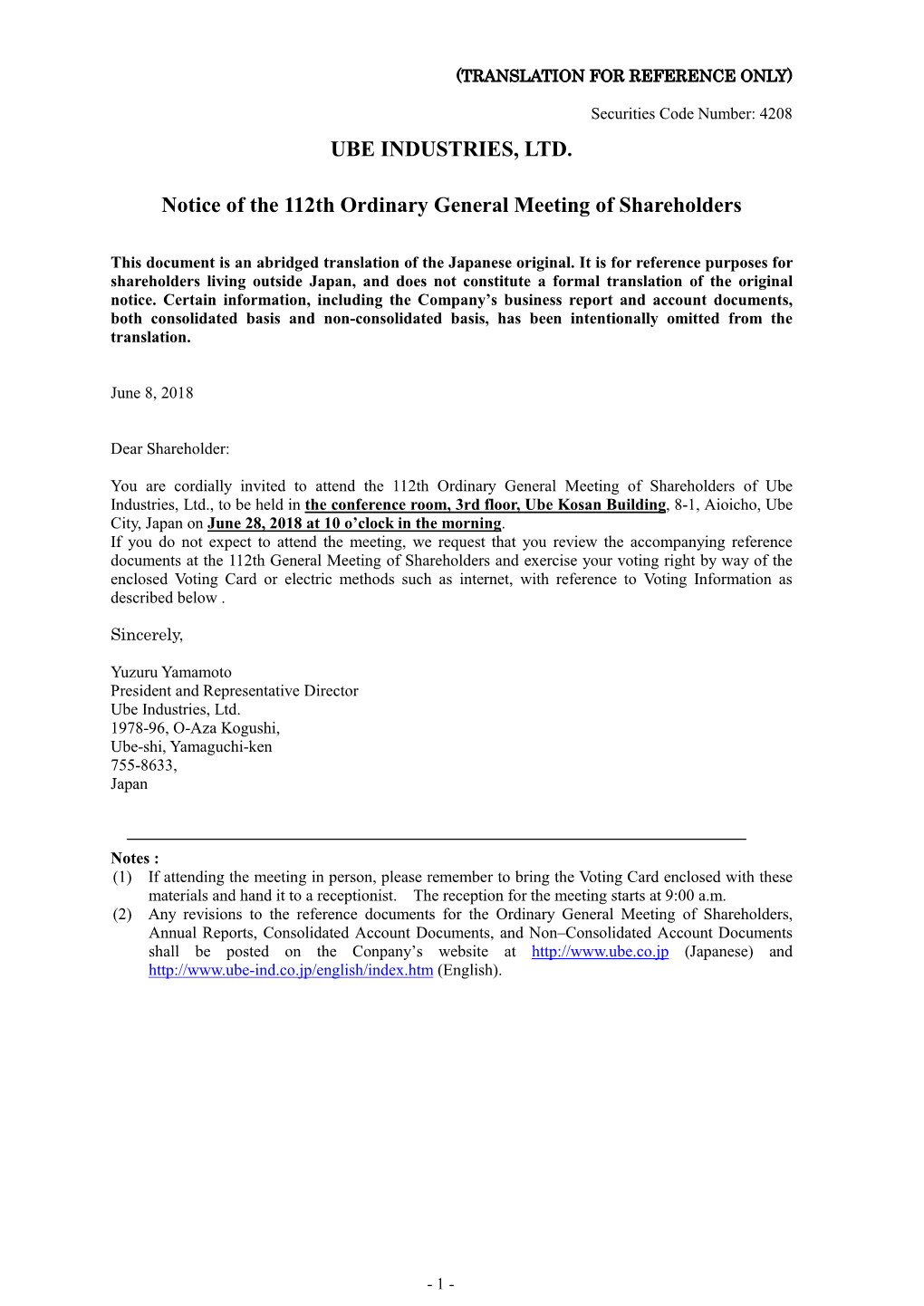Notice of the 112Th Ordinary General Meeting of Shareholders