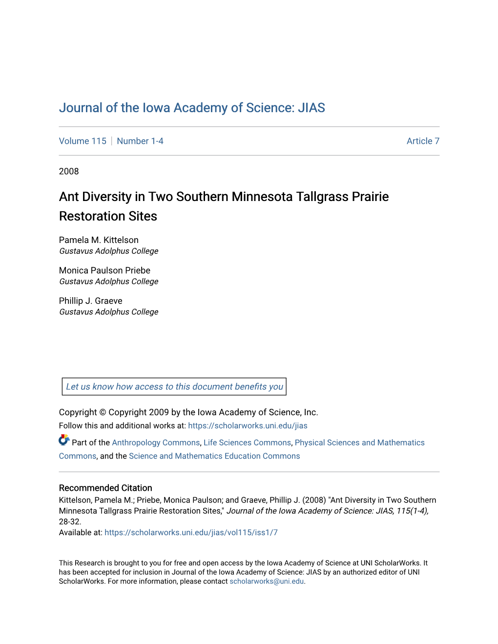 Ant Diversity in Two Southern Minnesota Tallgrass Prairie Restoration Sites