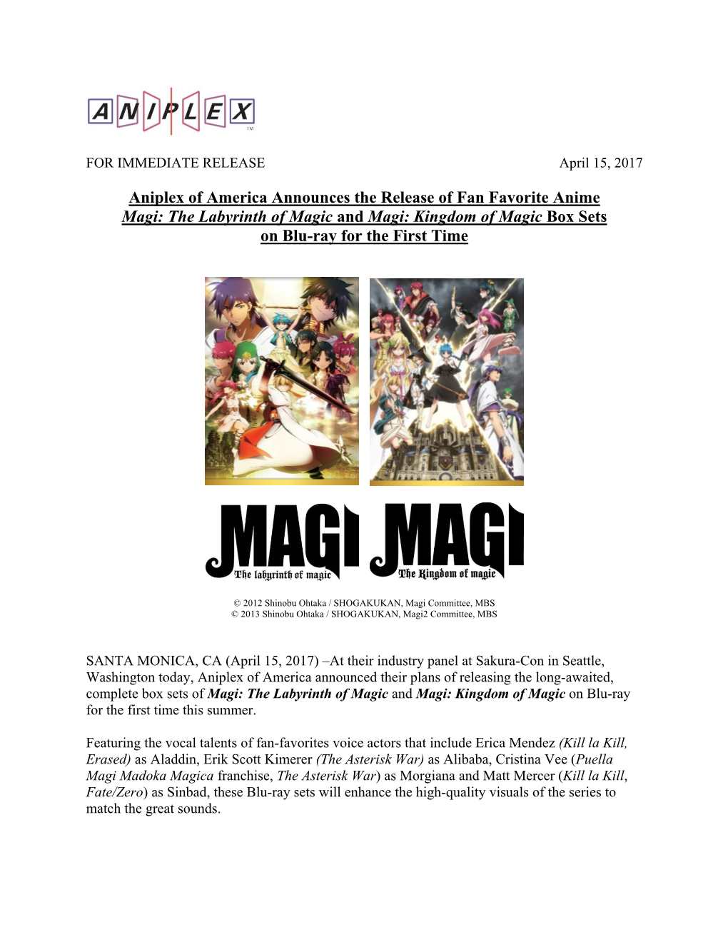 Aniplex of America Announces the Release of Fan Favorite Anime Magi: the Labyrinth of Magic and Magi: Kingdom of Magic Box Sets on Blu-Ray for the First Time