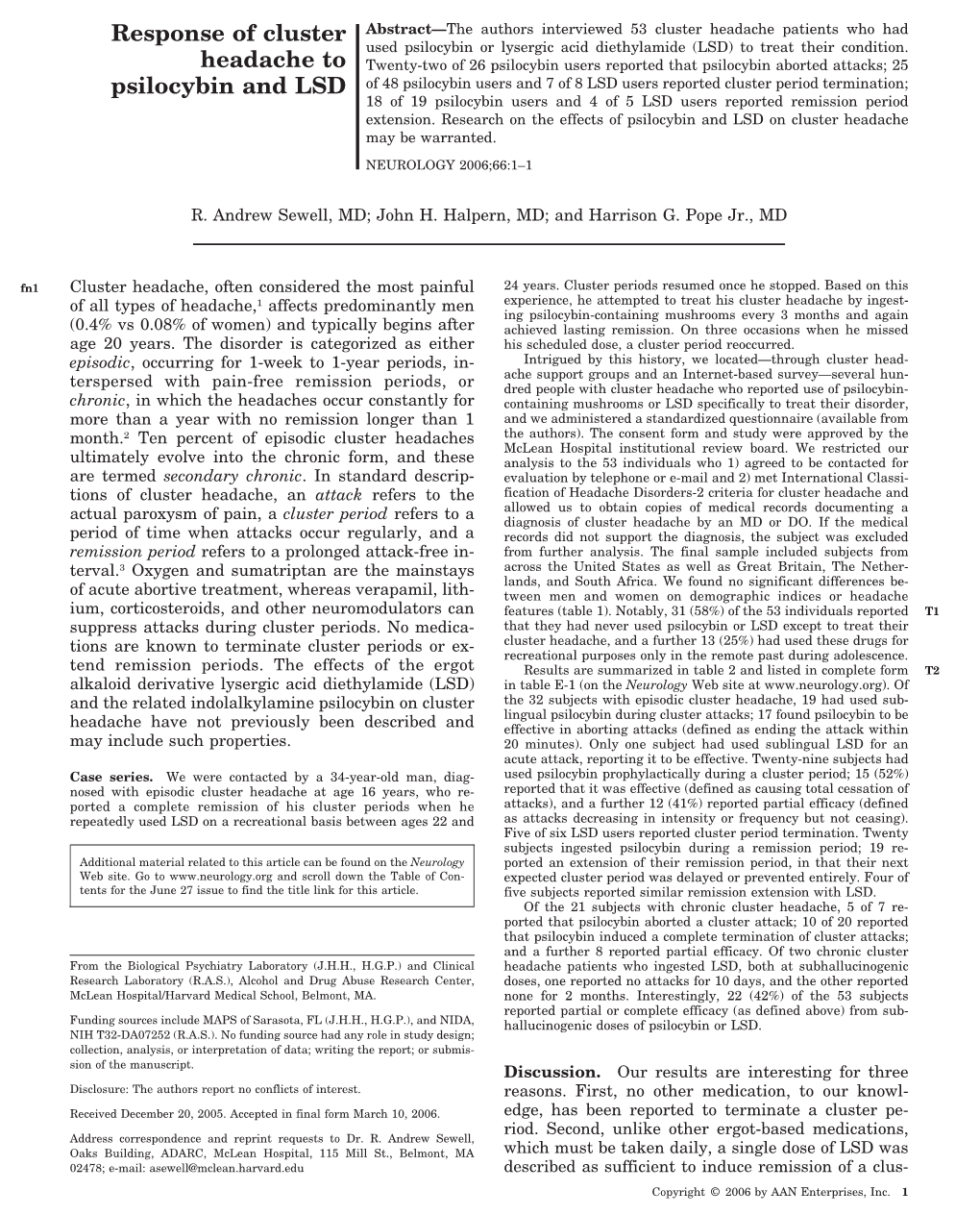 Response of Cluster Headache to Psilocybin And