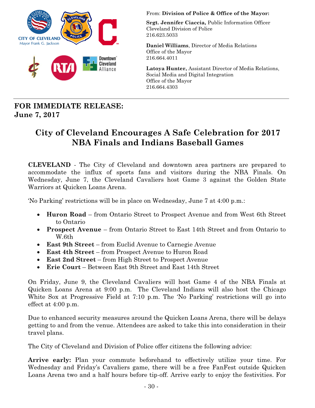 City of Cleveland Encourages a Safe Celebration for 2017 NBA Finals and Indians Baseball Games