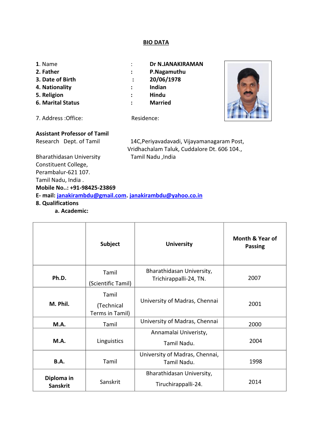 Dr. N. Janakiraman, Assistant Professor