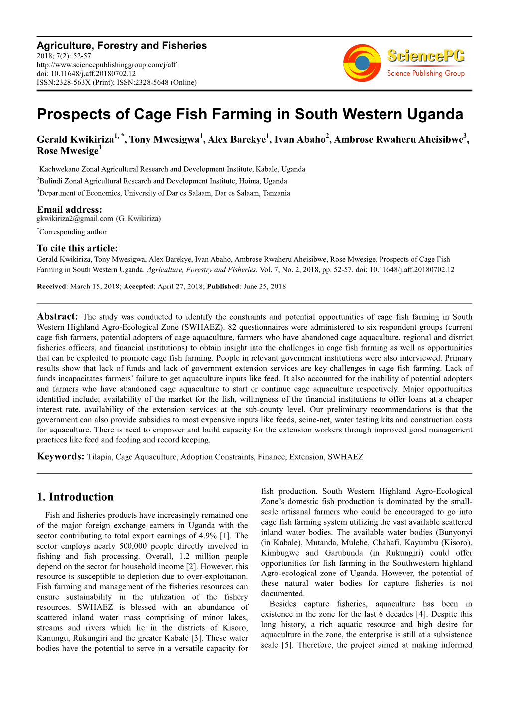 Prospects of Cage Fish Farming in South Western Uganda