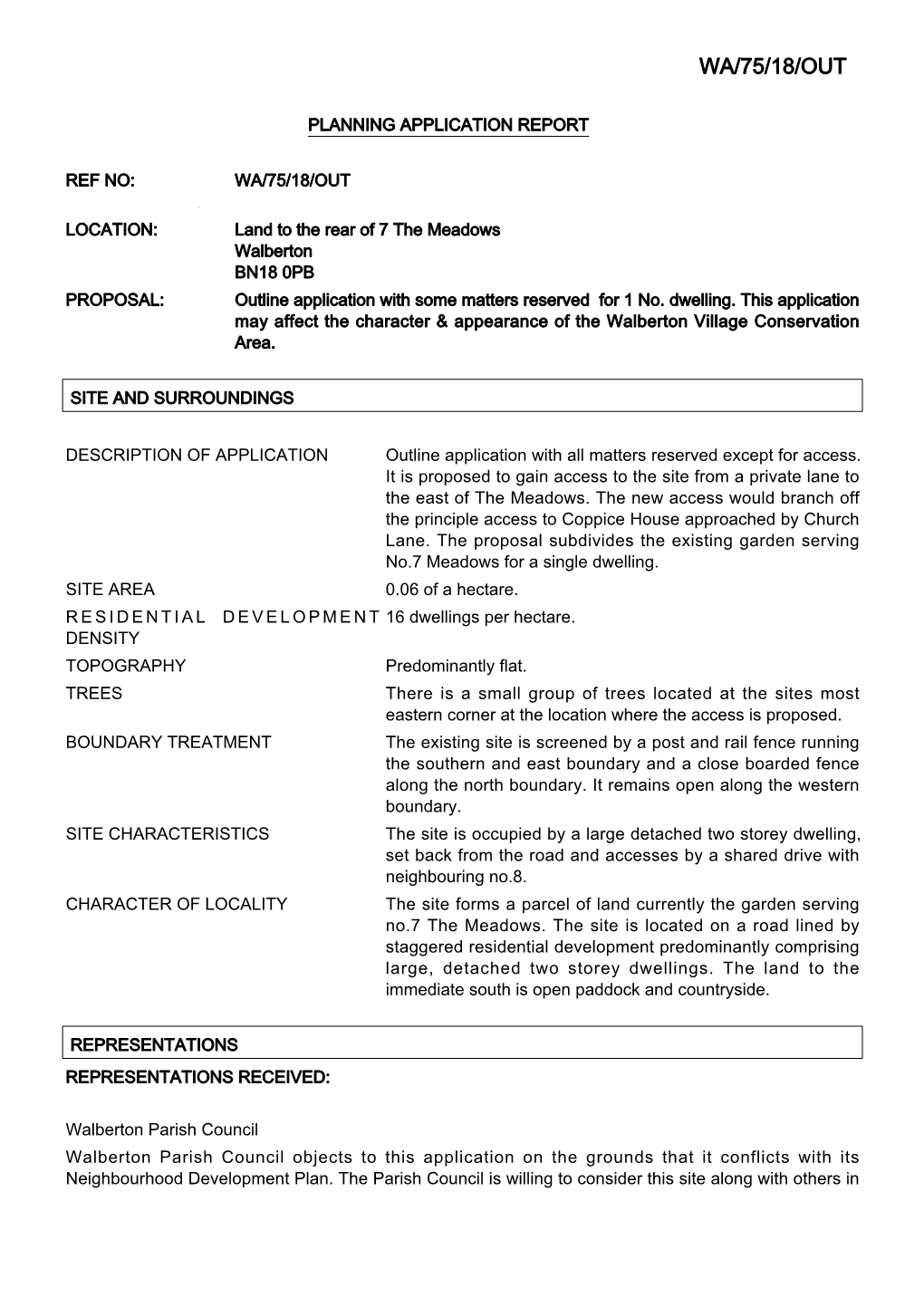 WA/75/18/OUT Land to the Rear of 7 the Meadows, Walberton BN18