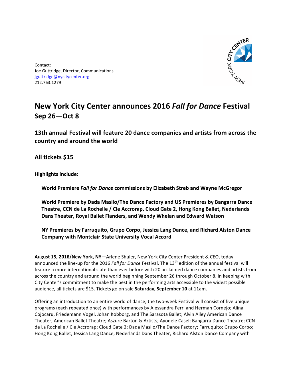 City Center Announces 2016 FFD Programming