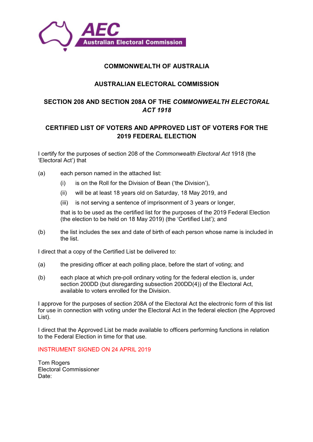 Certification of the Certified List of Voters for the 2019 Federal Election