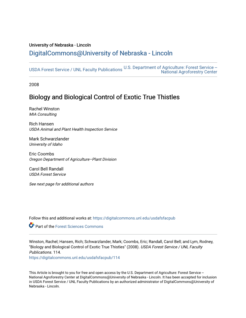 Biology and Biological Control of Exotic True Thistles