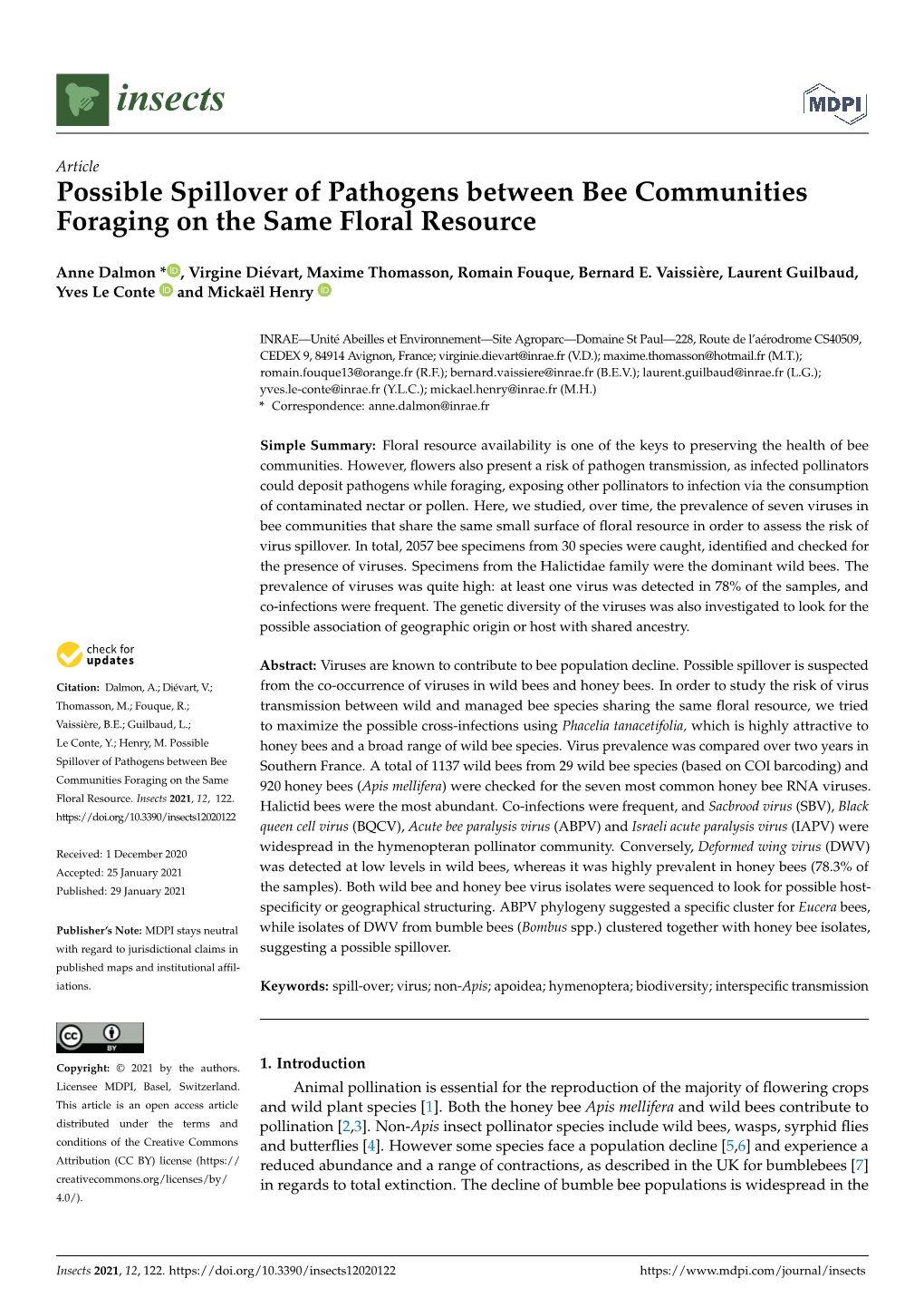 Possible Spillover of Pathogens Between Bee Communities Foraging on the Same Floral Resource