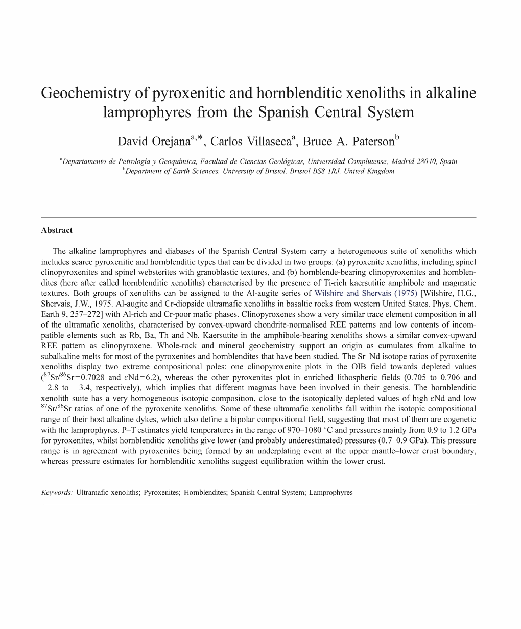 Geochemistry of Pyroxenitic and Homblenditic Xenoliths in Alkaline Lamprophyres from the Spanish Central System