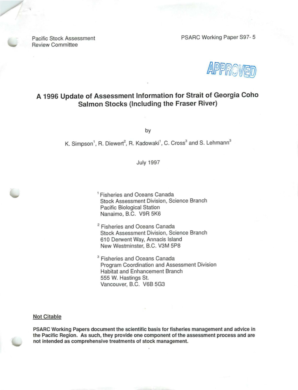 A 1996 Update of Assessment Information for Strait of Georgia Coho Salmon Stocks (Including the Fraser River)