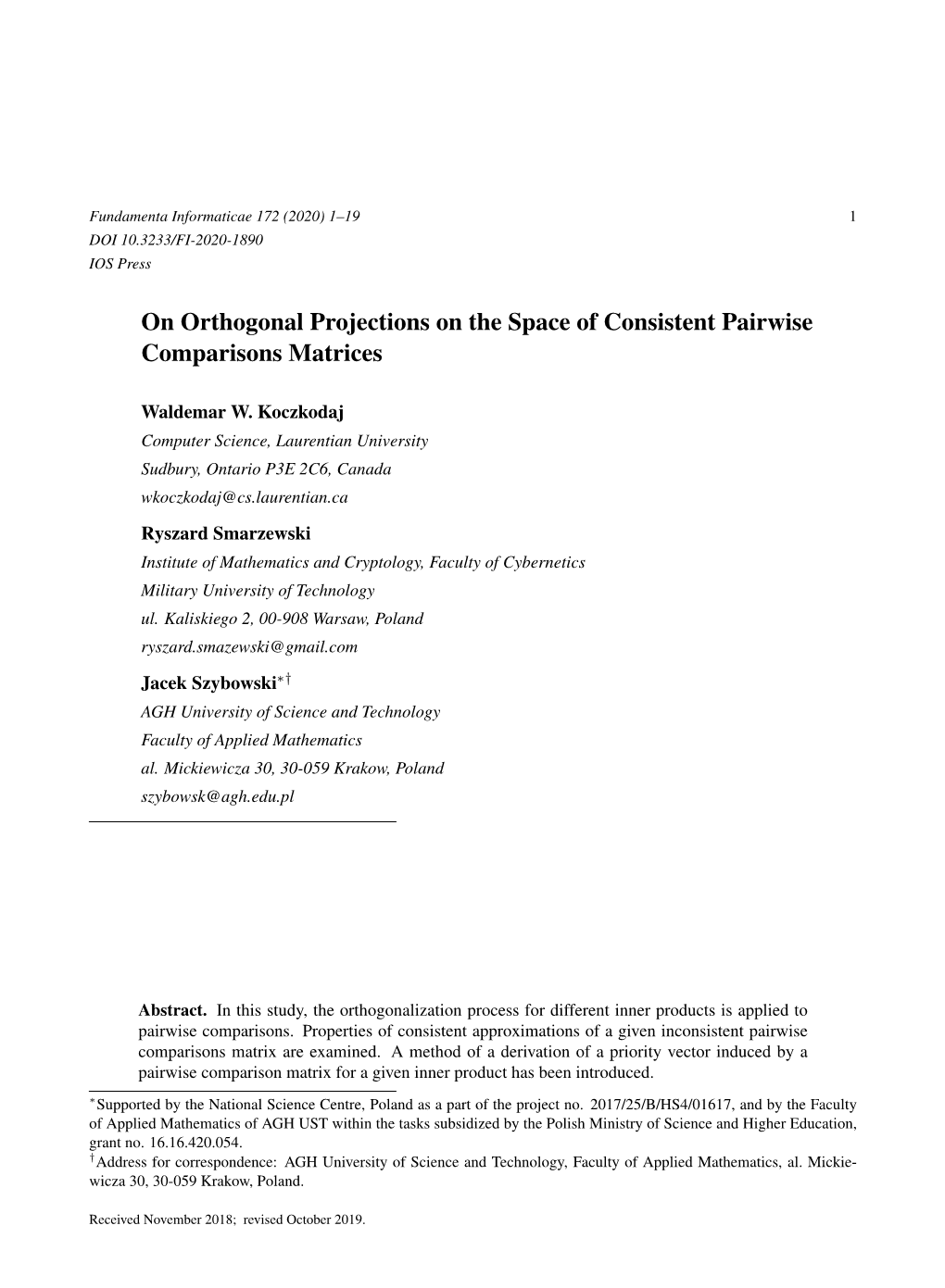 On Orthogonal Projections on the Space of Consistent Pairwise Comparisons Matrices