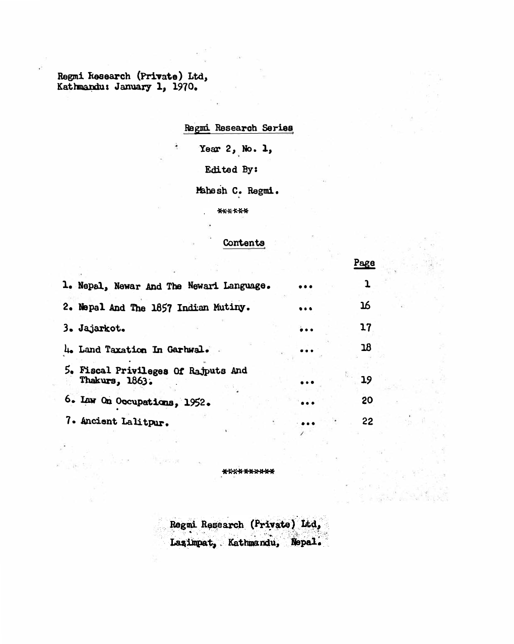 Regmi Research Series, Year 2, No. 1, Jan. 1, 1970