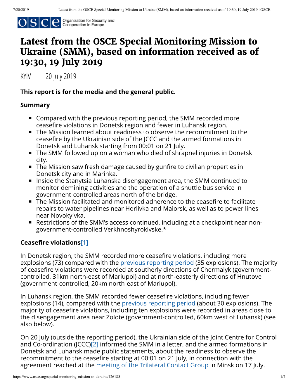 Latest from the OSCE Special Monitoring Mission to Ukraine (SMM), Based on Information Received As of 19:30, 19 July 2019 | OSCE