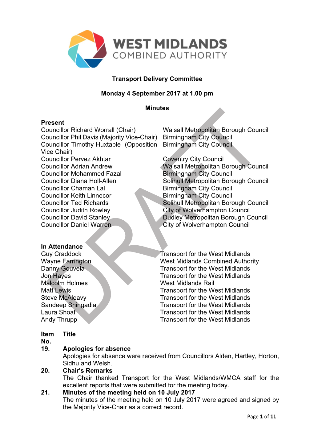 Transport Delivery Committee Monday 4 September 2017 at 1.00 Pm