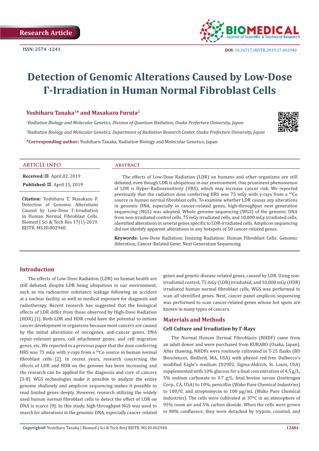 Detection of Genomic Alterations Caused by Low-Dose Γ-Irradiation in Human Normal Fibroblast Cells