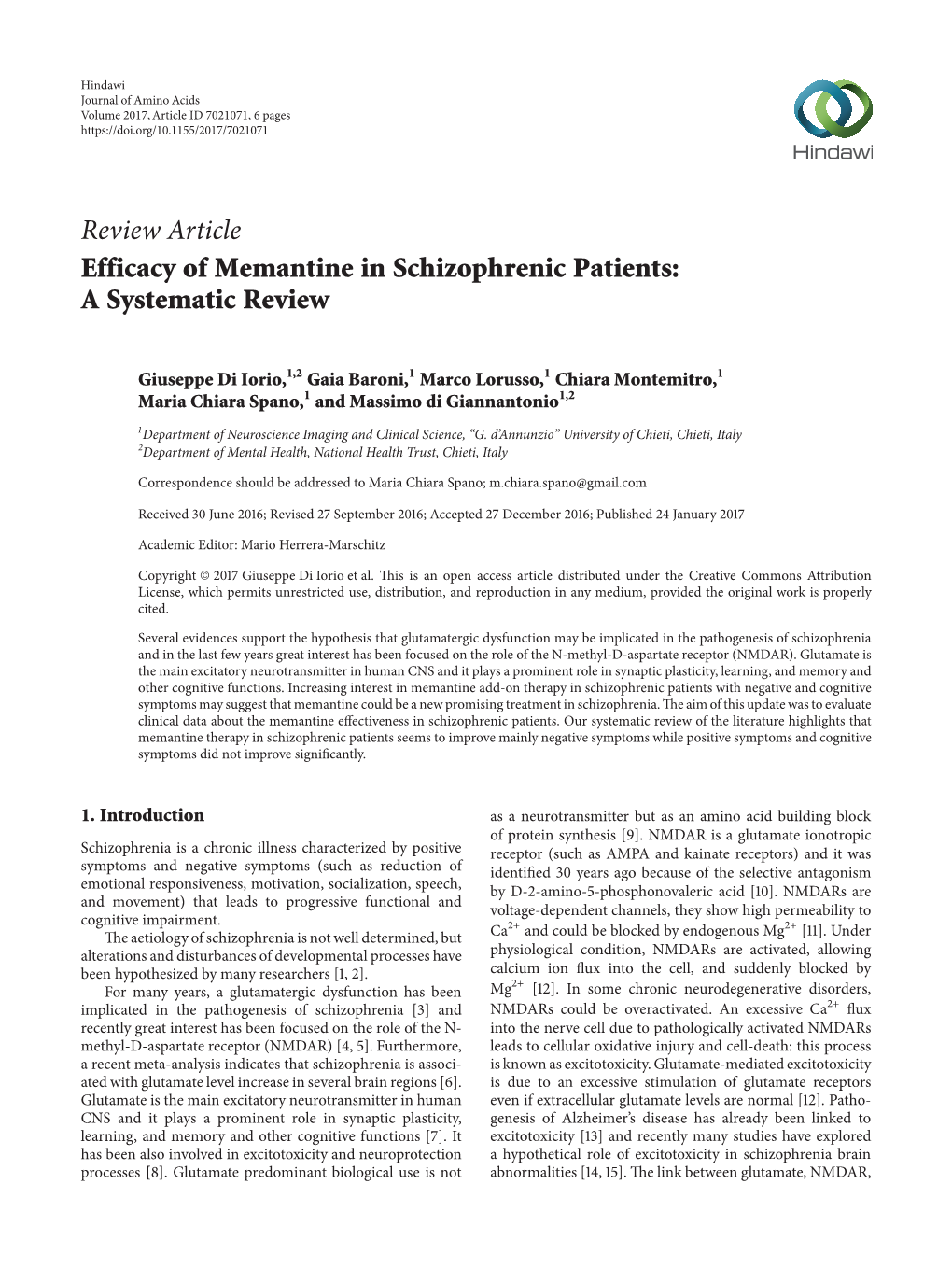 Review Article Efficacy of Memantine in Schizophrenic Patients: a Systematic Review