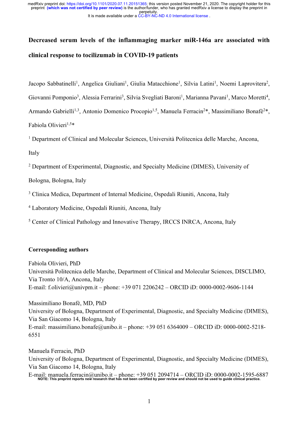 Decreased Serum Levels of the Inflammaging Marker Mir-146A Are Associated with Clinical Response to Tocilizumab in COVID-19 Patients