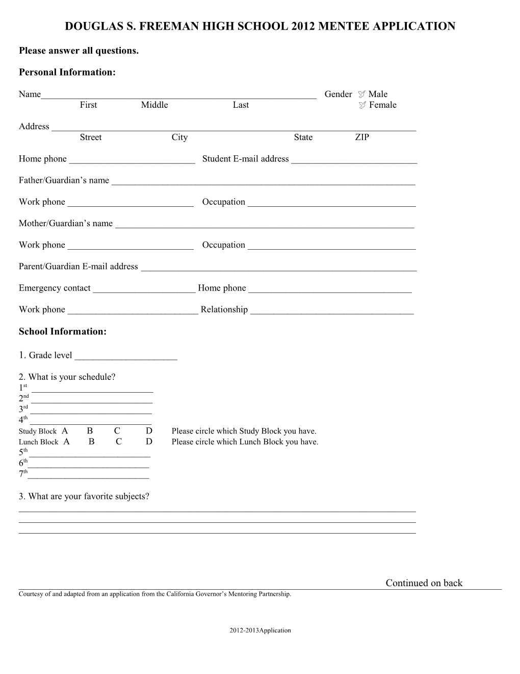 Douglas S. Freeman High School 2012 Mentee Application