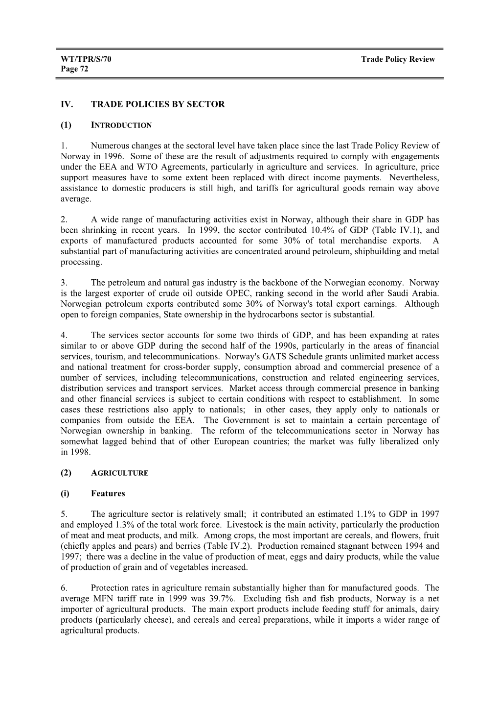 Iv. Trade Policies by Sector