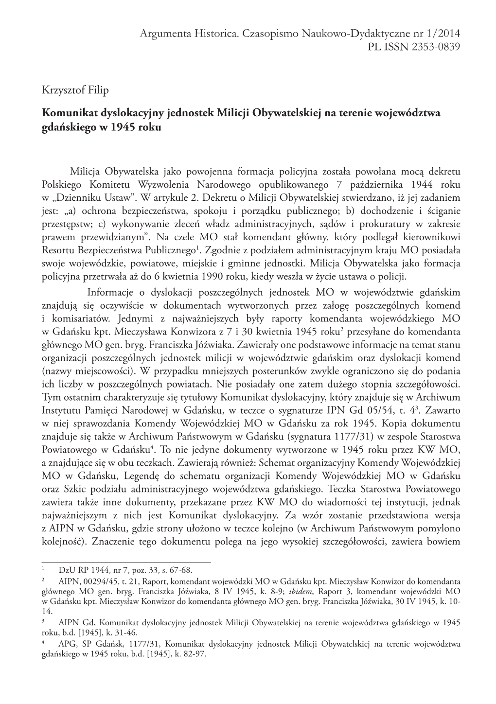 Krzysztof Filip Komunikat Dyslokacyjny Jednostek Milicji Obywatelskiej Na Terenie Województwa Gdańskiego W 1945 Roku