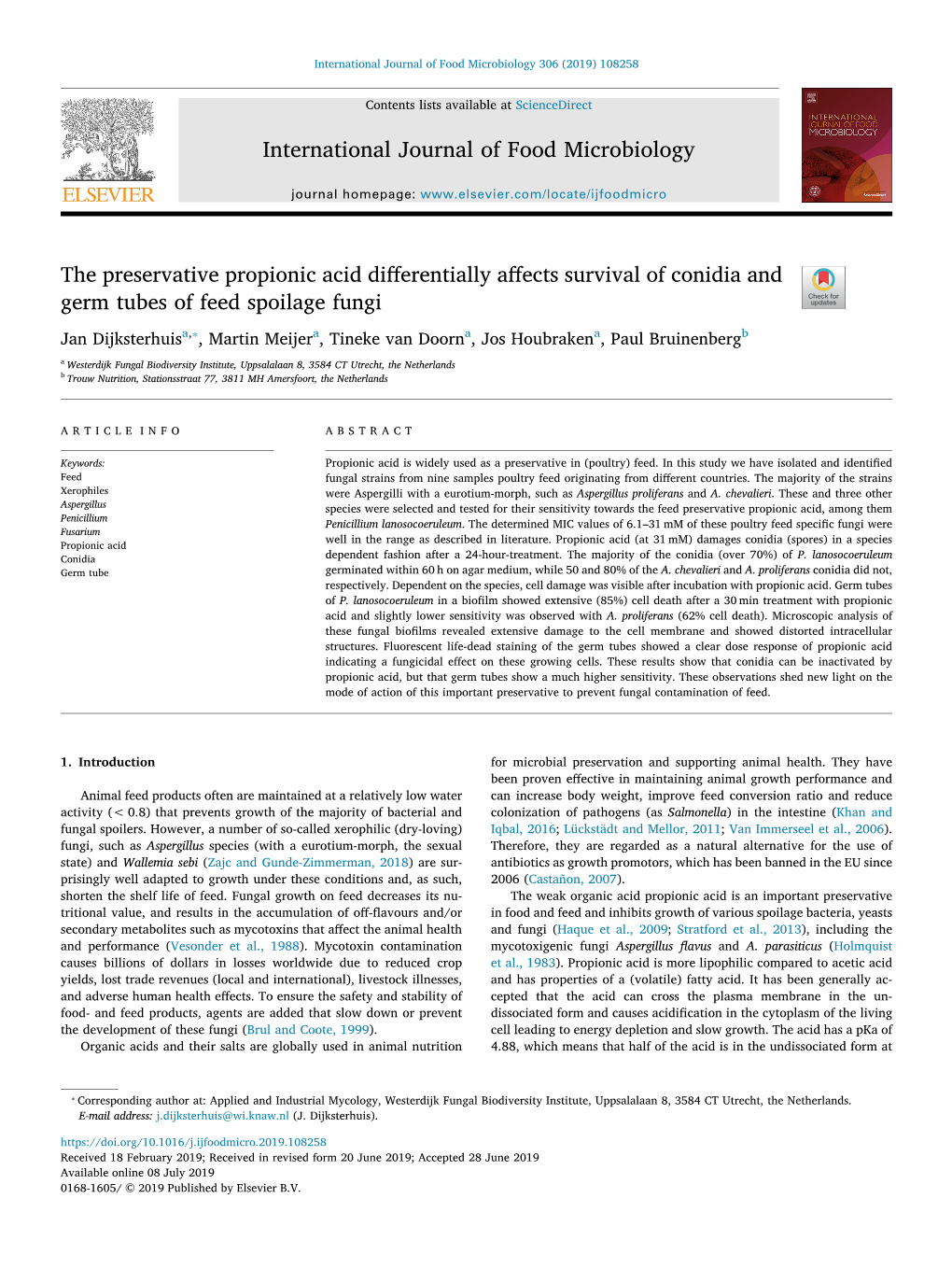 International Journal of Food Microbiology the Preservative Propionic Acid Differentially Affects Survival of Conidia and Germ T