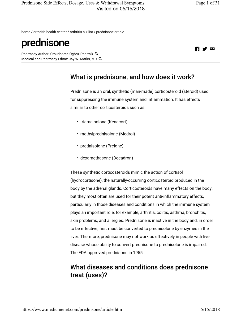Prednisone Side Effects, Dosage, Uses & Withdrawal Symptoms Page 1 of 31 Visited on 05/15/2018
