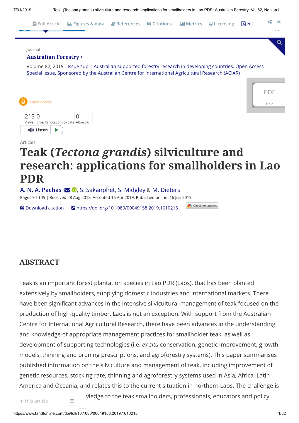 Silviculture and Research: Applications for Smallholders in Lao PDR: Australian Forestry: Vol 82, No Sup1