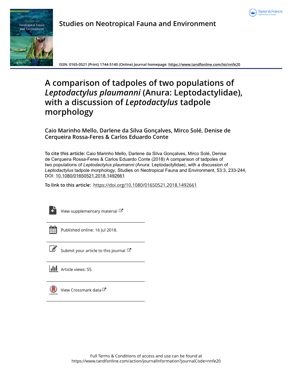 A Comparison of Tadpoles of Two Populations of Leptodactylus Plaumanni (Anura: Leptodactylidae), with a Discussion of Leptodactylus Tadpole Morphology