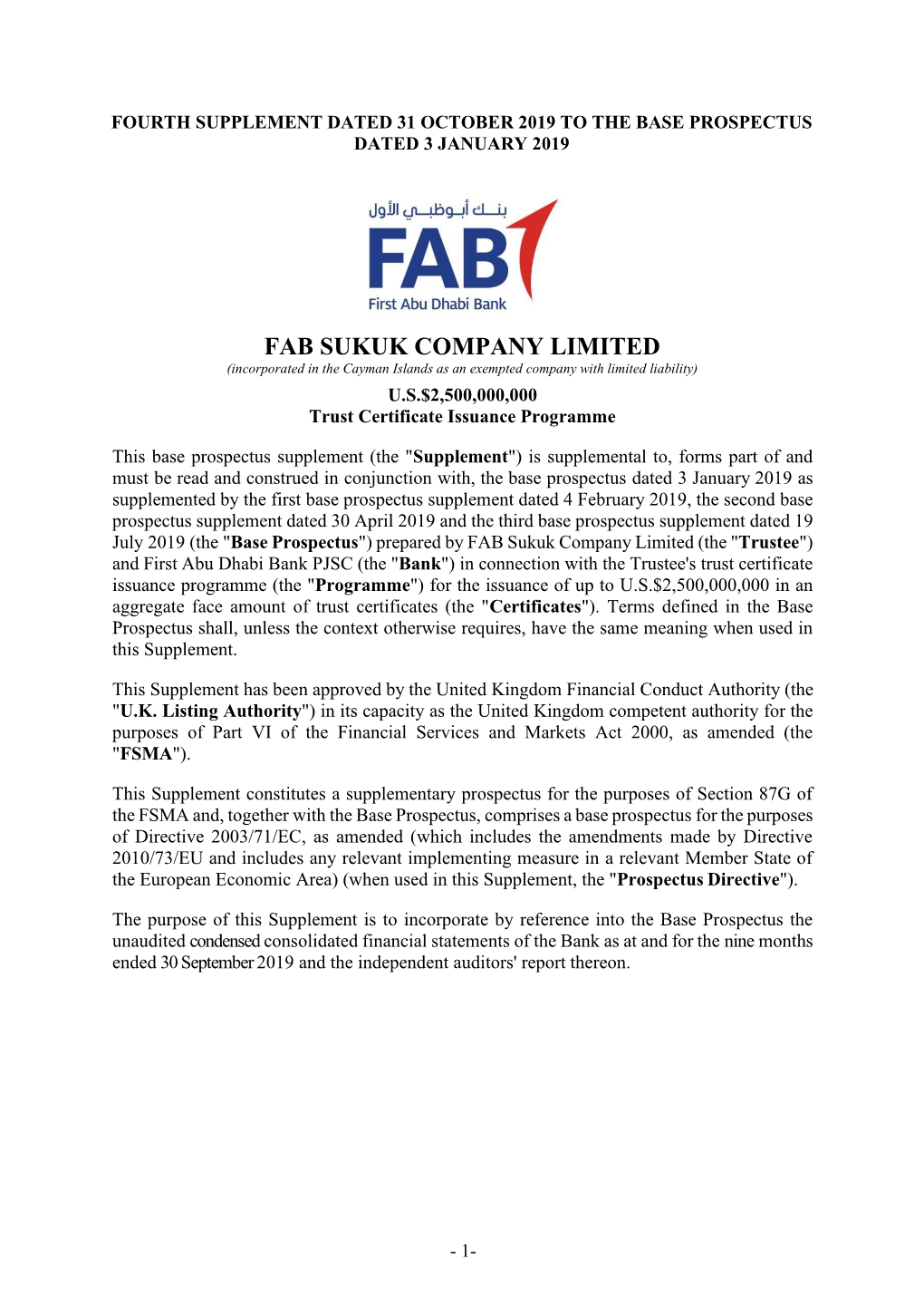 FAB SUKUK COMPANY LIMITED (Incorporated in the Cayman Islands As an Exempted Company with Limited Liability) U.S.$2,500,000,000 Trust Certificate Issuance Programme