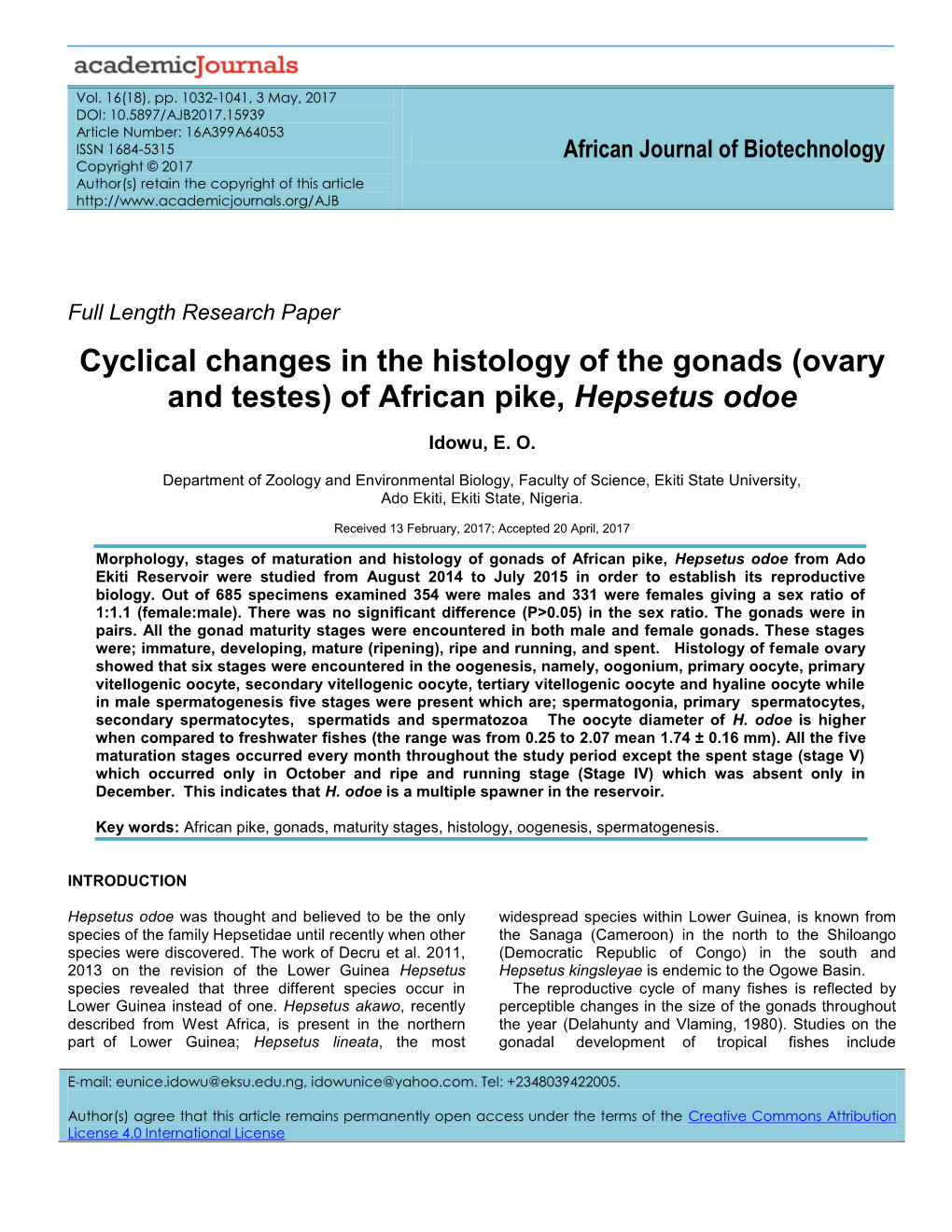 (Ovary and Testes) of African Pike, Hepsetus Odoe