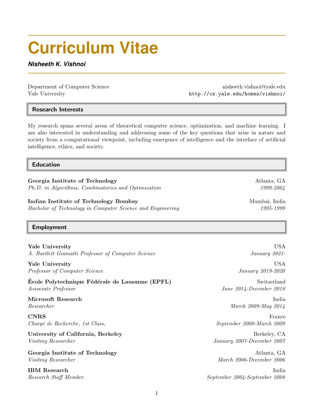 Curriculum Vitae Nisheeth K