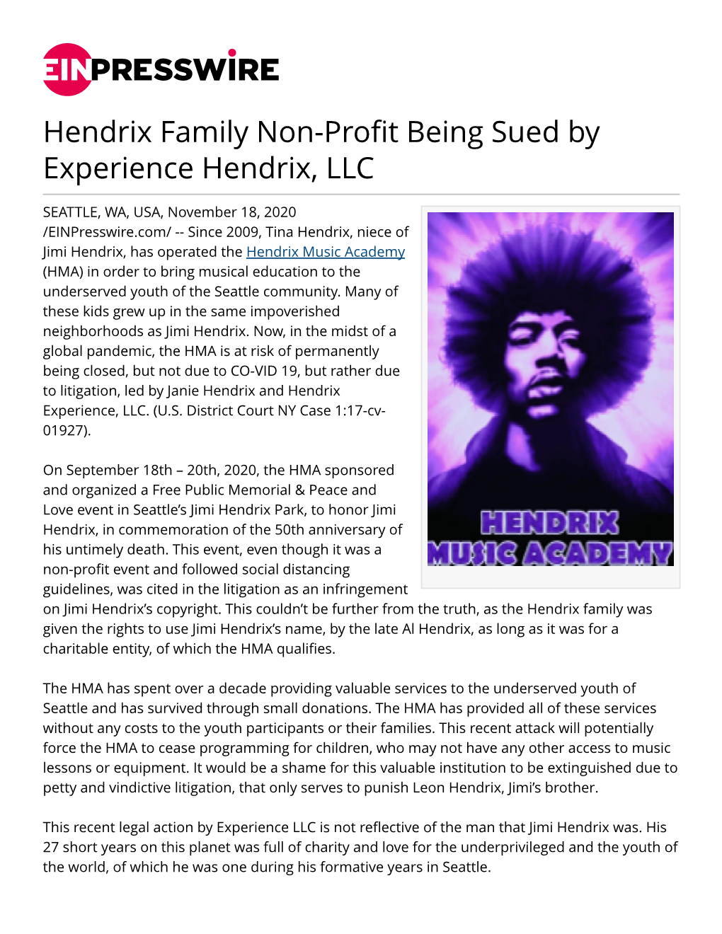 Hendrix Family Non-Profit Being Sued by Experience Hendrix, LLC