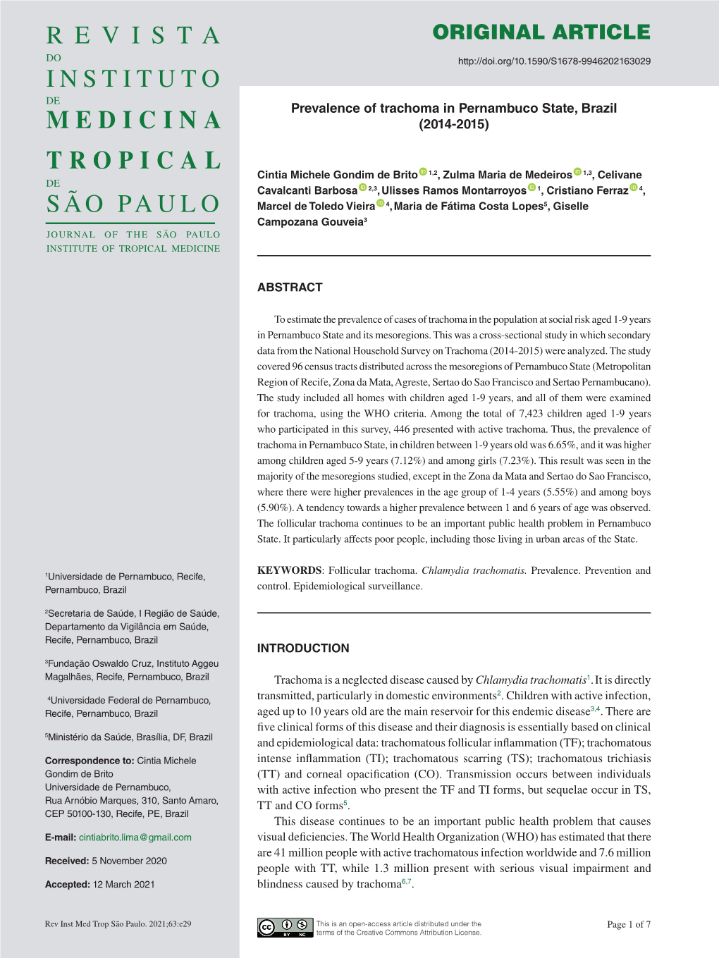 Prevalence of Trachoma in Pernambuco State, Brazil (2014-2015)