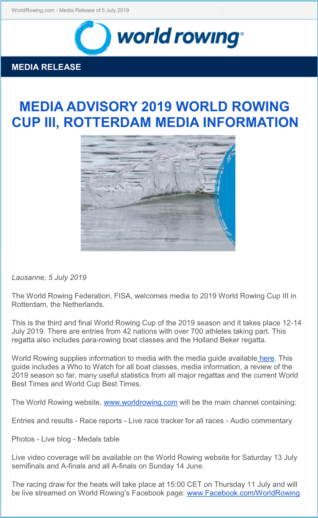 Media Advisory 2019 World Rowing Cup Iii, Rotterdam Media Information