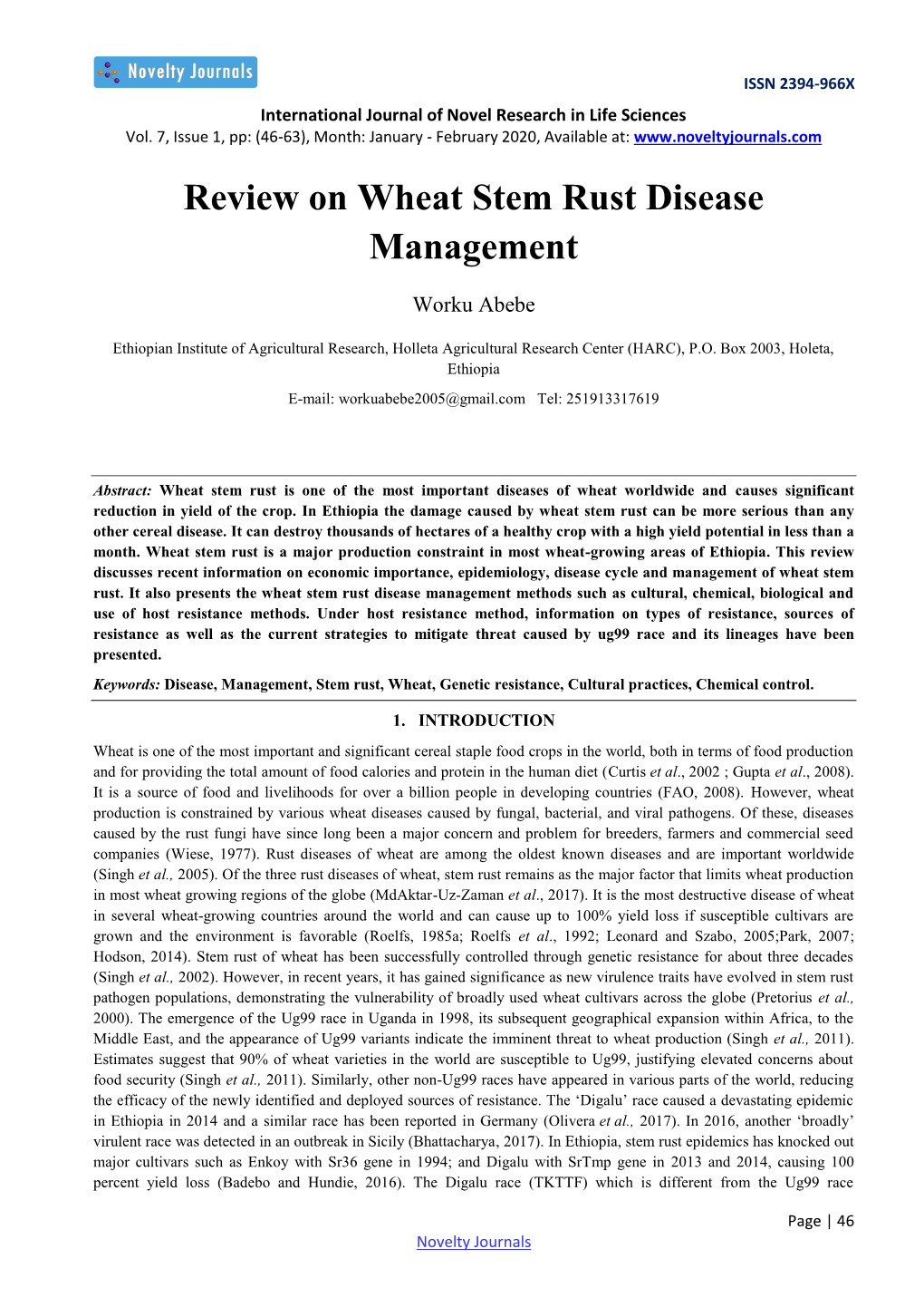 Review on Wheat Stem Rust Disease Management