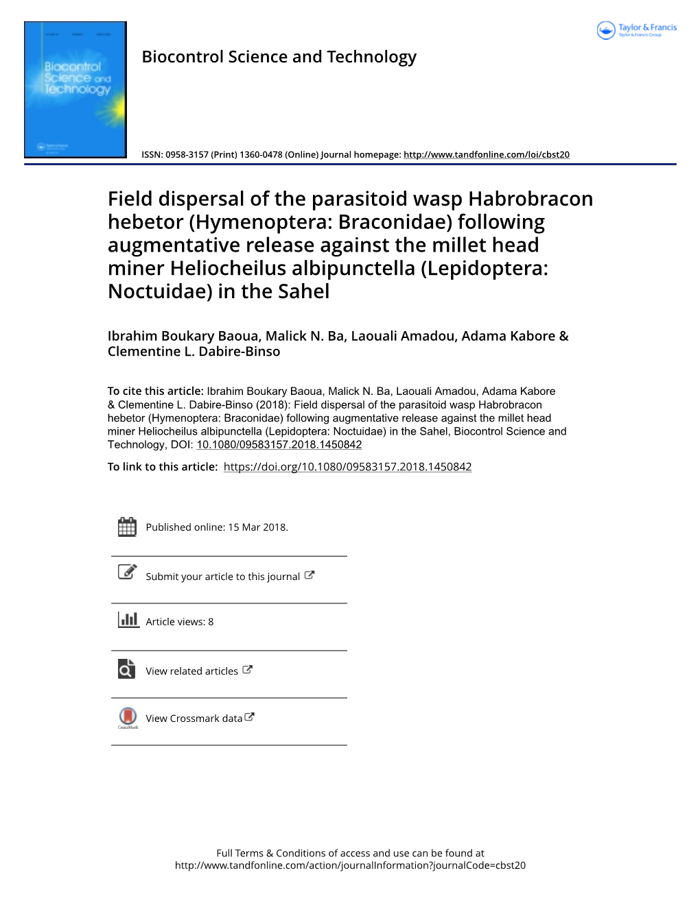 Field Dispersal of the Parasitoid Wasp Habrobracon Hebetor