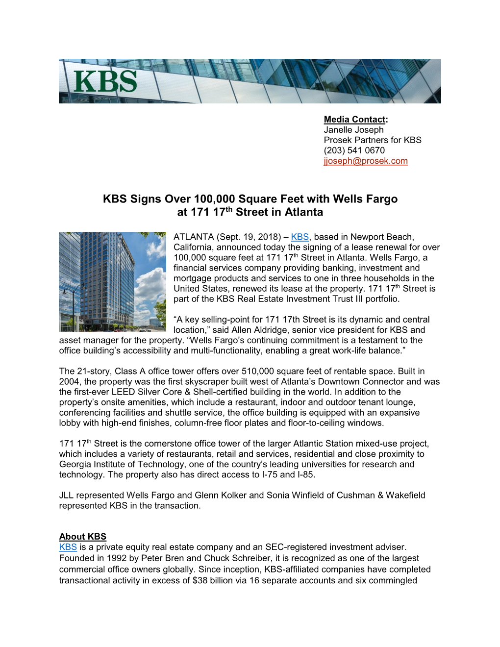 KBS Signs Over 100,000 Square Feet with Wells Fargo at 171 17Th Street in Atlanta